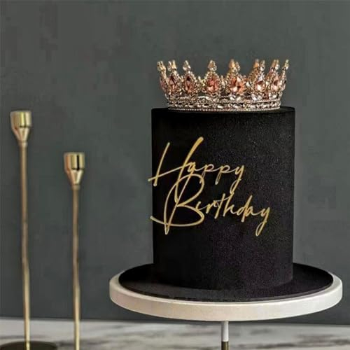 Happy Birthday Cake Topper Gold Acrylic Cake Decoration - 2Pcs Personalised Cake Topper Girls Boys Party Supplies for Black Theme Birthday Party Anniversary