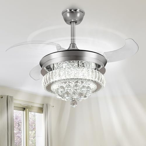 Depuley 36″ Crystal Ceiling Fan with Lights, Dimmable Chandelier Retractable Ceiling Fans, 6-Speed Invisible Blades Fan Light Ceiling for Bedroom Living Room Dining Room, App Control,Sliver…