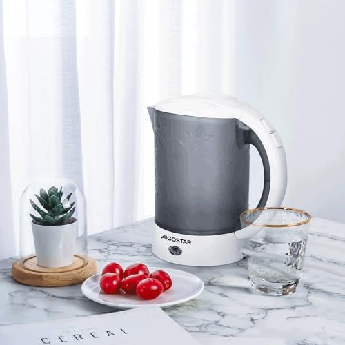 Aigostar Bollitore elettrico in plastica da viaggio bianco 650W capacità 600ml - Bpa Free - con 2 bicchieri e 2 chiucchiaini inclusi