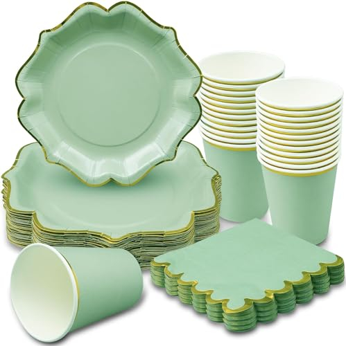 72 Pcs Sage Green Party Supplies with Gold Rim, Disposable Paper Dinnerware Set Including 9'' Dinner Plates 9 Oz Cups Lunch Napkins for Baby Shower Birthday Wedding Party Decorations, Serves 24