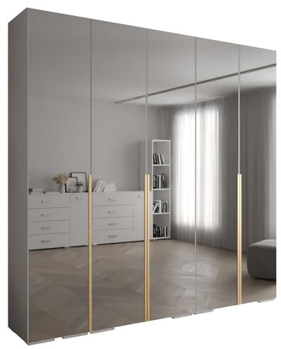 MEBLE KRYSPOL Inova 1 Moderner Schrank mit Spiegel, Regalen - Aufbewahrungsschrank für Schlafzimmer, Wohnzimmer - 236,7x250x47 cm - KGoldpusfarbe Weiß - Frontfarbe Weiß - Grifffarbe Gold