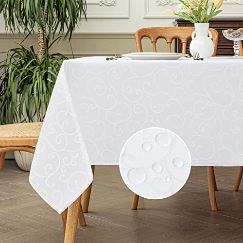 Romanstile weiße Tischdecke abwaschbar 140 x 240 rechteckige Damast Jaquard Tischdecken Tischtuch Table Cloth elegant Deko für Weihnachten,Outdoor,Garten,Geburtstag,wasserabweisend,Silvester,Esstisch