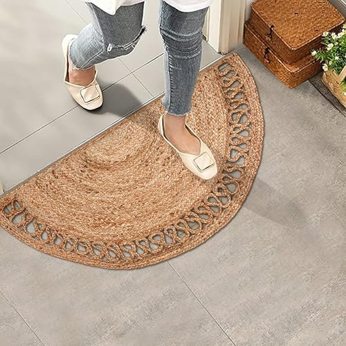 RIANGI Geflochtener Boho-Teppich aus Jute-Naturfaser, halbrund, für Wohnzimmer, Eingangsbereich, Bauernhaus, Zuhause, Innenbereich, Jute-Fußmatte für Badezimmer, Küche, Beige, 1,5 x 0,9 m