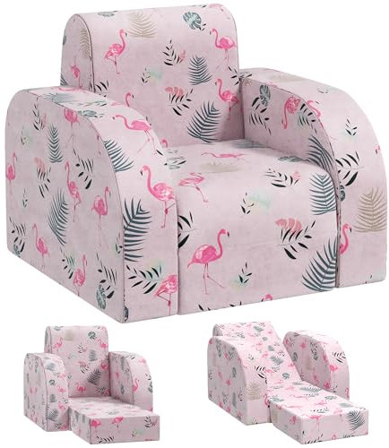 AIYAPLAY Kindersessel, 2 in 1 Klappbar Kindersofa mit Liegefunktion, Flamingo-Muster, Gepolserter Kinderstuhl für Kinder ab 1,5 Jahre, Kinderzimmer, Spielzimmer, Rosa