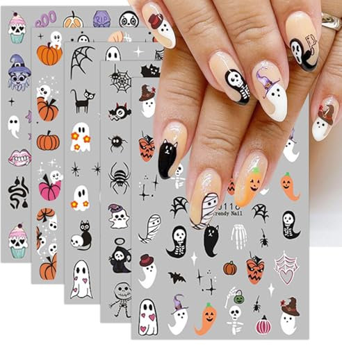 JMEOWIO 9 Sheets Halloween Cute Pumpkin Ghost Nail Art Stickers Decals Self-Adhesive Nail Supplies Nail Art Design Decoration Accessories