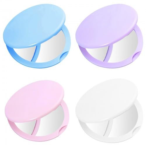 4 Stück Taschenspiegel, Reisespiegel in Pastelltönen Hellblau, Hellviolett, Weiß, Rosa, Schminkspiegel klein, Mini Spiegel, doppelseitiger klappbarer Taschenspiegel für Alltagsgebrauch und Reisen