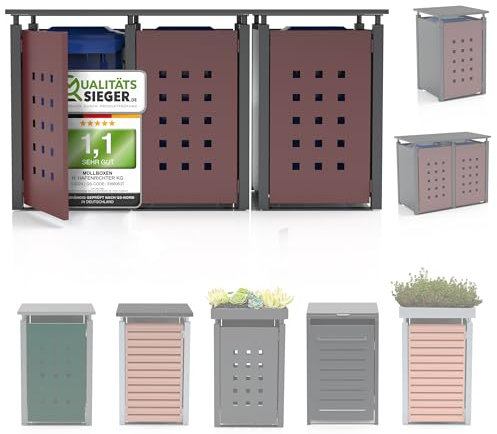 Mülltonnenbox für 3 Tonnen bis 120L - Blechdach, verzinkt & pulverbeschichtet, Lochmuster, bereits aufgebaut, RAL 7016/RAL 3003