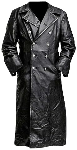 RTRDE Mens Winter Trench Coat Faux Leather Full Length Black Classic Long Peacoat Overcoat Fashion, M-4XL