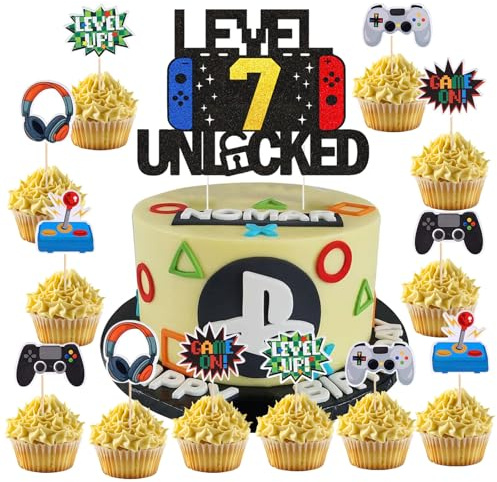37 Stück Videospiel Tortendeko Geburtstag,7 Jahre alt Party Videospiel Cupcake Topper,Happy Birthday Kuchen Deko, Glitzer Spielkonsolen Thema Torten Deko, Cupcake Topper für Kindergeburtstag Party
