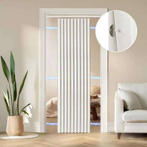 RINHARTEX Magnetischer Türvorhang für Schrank, Falttür, Akkordeon-Stil, Akkordeon-Tür, Raumteiler, Schlafzimmer, Badezimmer, Wohnzimmer, 107 x 190 cm, Cremeweiß
