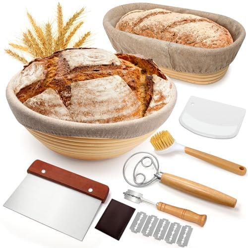 Sourdough Proofing Basket Gift Set, 9 Round and 10 Oval Banneton Bread Baking Supplies, Sourdough Baskets with Bread Lame, Danish Whish, Bowl Scraper, Sourdough Scraper, and Linen Liner