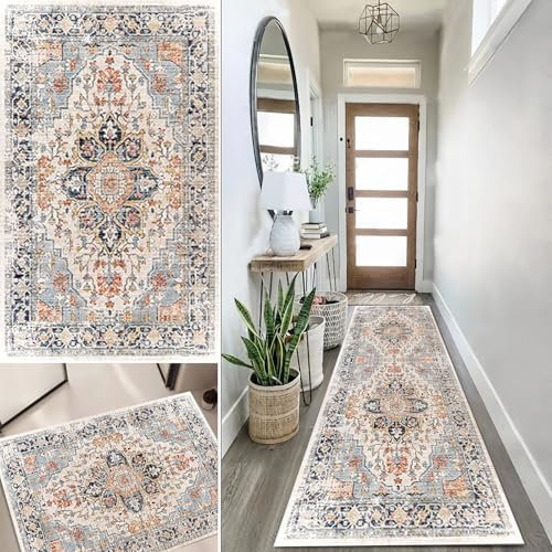Lanmuvo Teppich Läufer 90x120cm rutschfest Küchen Teppich, Waschbar Polyester Boho Flur Küchenläufer für Korridor, Modern Vintage Kücheläufer Teppichläufer für Wohnzimmer, Küche, Anpassbar