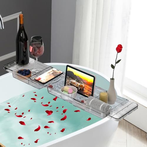 Umllpet Badewannenablage aus Kunststoff, Badewannenablage 80cm Acryl, Verstellbares Badewannentablett mit Griffe, Badewannen-Ablage, Transparente Badewannen Zubehör, rutschfest