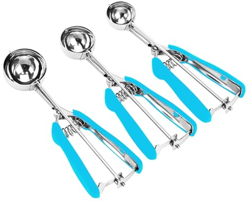 Cookie Scoop Set, 3Pcs Ice Cream Scoop, Cookie Scoops for Baking Set of 3, 18/8 Stainless Steel Cookie Scooper for Baking, Ice Cream Scooper with Trigger Release, Blue Soft Grip Cookie Dough Scoop