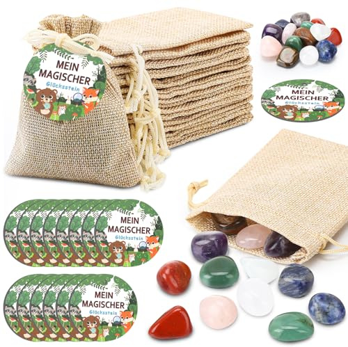 Kaisibum 14 Set Glückssteine,Bunte Muggelsteine mit Säckchen und Grußkarte | Bunte Muggelsteine mit Beigefarbene Säckchen und “Mein magischer Glücksstein” Waldtiere Grußkarten für Mitgebselstein, Glücks