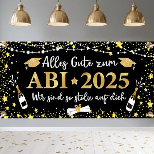 Banner ABI 2025 Schwarz Gold Deko, ABI 2025 Banner Deko, Alles Gute zum ABI 2025 Hintergrund, Graduation Decoration für Abschlussfeiern Abschlussparty 180cm x 90cm