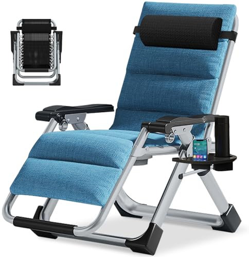 Meulbaty 200KG Belastbar Klappbar Liegestuhl mit Auflage, Sitzen und Liegen Doppelzweck Verstellbare für Wohnzimmer, Balkon, Strand oder Pool (Leinenblau)