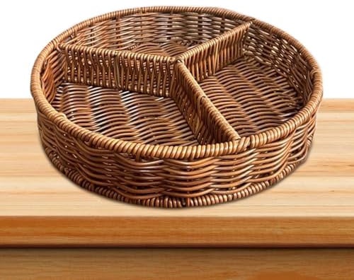 Woven Tray – Decorative Fruit Basket, Divided Storage Tray | Multi-Section Natural Weaving Organizer Bin, Reusable Desktop Holder Dish, For Kitchen Display, Café Serving, Shelf Styling