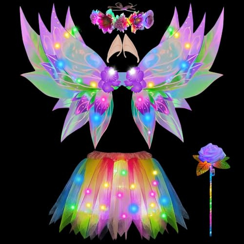 KUWUNG Leuchtende Feen Kostüm Kinder, Feenkostüm Mädchen mit Feenflügel LED Tutu Rock Blumenkranz Zauberstab Elfenohren, Kinder Feen Geburtstag Halloween Fasching Karneval Kostüm für Mädchen