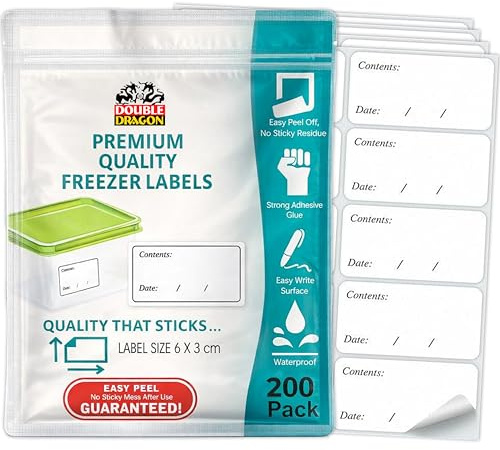 Double Dragon 200-Pack Premium Removable Freezer Stickers–6x3cm | Waterproof Labels for Food Containers, Baby Pots etc | Strong Adhesive, Easy to Write Surface | Peel Off Clean with No Sticky Residue