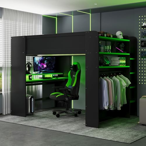 VilroCaz Moderno letto a soppalco da gioco di dimensioni standard, con scrivania e armadio regolabili in altezza, struttura letto a soppalco in legno con striscia luminosa e ripiani multipli