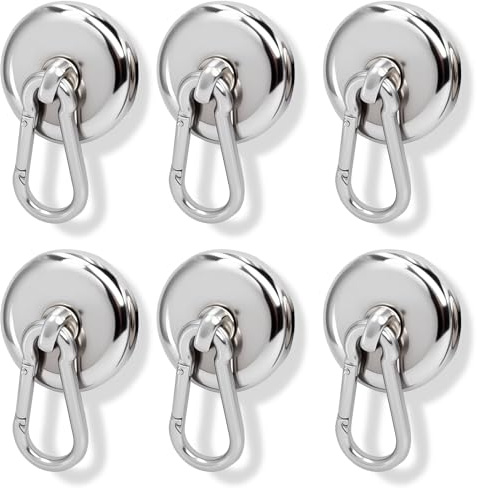 6Pack Strong Magnetic Hooks, 25mm Neodymium Magnet with Carabiner Hook Heavy Duty Magnetic Hooks for Cruise Cabins Grill Warehouse Office Factory Maximum Load Capacity 32lbs (14.5kg)