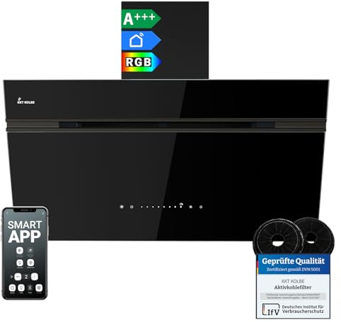 KKT KOLBE Dunstabzugshaube Wandhaube AURORA9005FB, 90 cm kopffrei | 782 cbm/h, Abluft und Umluft, schwarzes Glas, SensorTouch-Bedienung, RGBW-LED-Beleuchtung, Smart-WiFi-App, WLAN