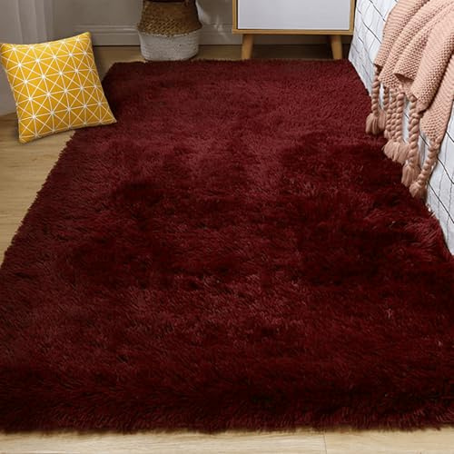 FEIJUAND Flauschiger Teppich 160 x 160 cm Extra Weich Hochflor Teppich Wohnzimmer rutschfest Moderner Flauschiger Kuscheliger für Wohnzimmer, Schlafzimmer Und Terrasse, Weinrot