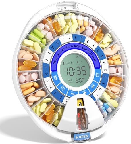 Betife 2nd Generation Automatic Pill Dispenser for Elderly with Alarm - 28 Compartments, Key Lock, Alarm and Luminous Reminder, Mix-Proof, X Display, 6 Pourer Rings