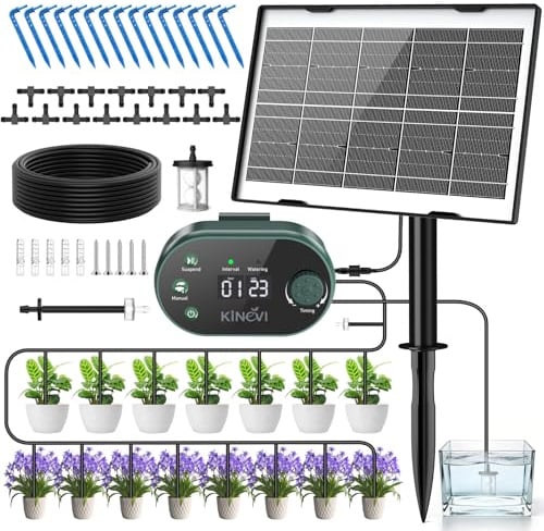 Sistema di Irrigazione Solare, Kit Irrigazione Automatica Goccia con Timer a 22 Modalità, Tubo da 15M e 15 Gocciolatori, Kit Irrigazione a Goccia per Balcone, Orto, Serra e Piante da Esterno (3W)