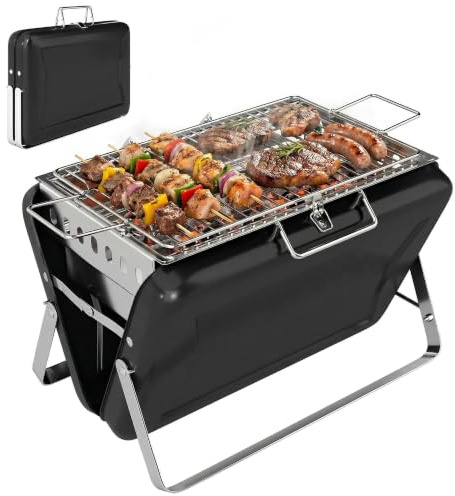 Outsunny Holzkohlegrill Edelstahl BBQ Smoker 40 x 28 x 25,5 cm Schwarz | Mit Grillrost, Holzkohle Grill, Mit Griff, Klappbaren Beinen, Kohlegrill Standgrill, Für Barbeque Camping Terrasse Garten
