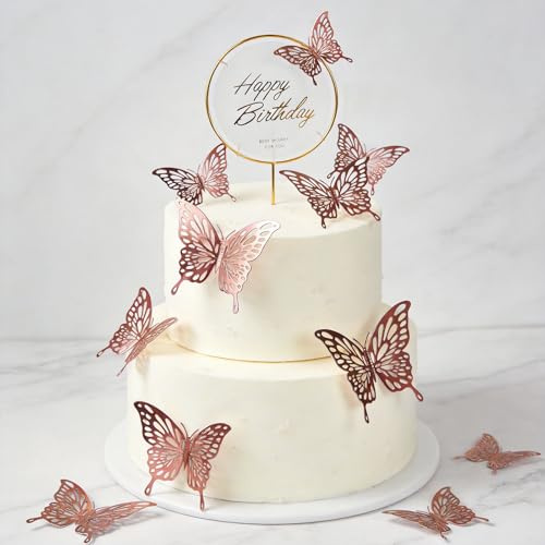 Rose Gold 3D Butterfly Cake Decorations for Women - Reusable Metallic Birthday Cake Toppers Set with Iron Sign (12PCS) - Elegant Party Decor