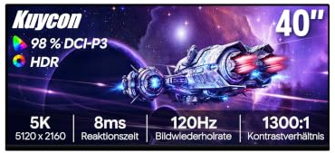 Kuycon P40K 40'' 5K Monitor 120Hz, IPS 2000:1,Minimalistisch ohne Ständer | 40 5K120Hz IPS-Monitor mit 100W USB-C für Designer & Video-Profis: Perfekt fürs Homeoffice & kreatives Multitasking.