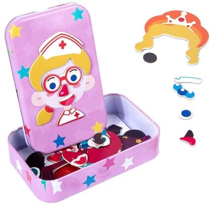 Magnetic Puzzles for Kids, Wooden Character Dress Up Toy, Expression Change Matching Puzzle, Preschool Learning Activity Board for Boys Girls Age 3 4 5 Classroom Travel Play Set8.5x13.5x3cm