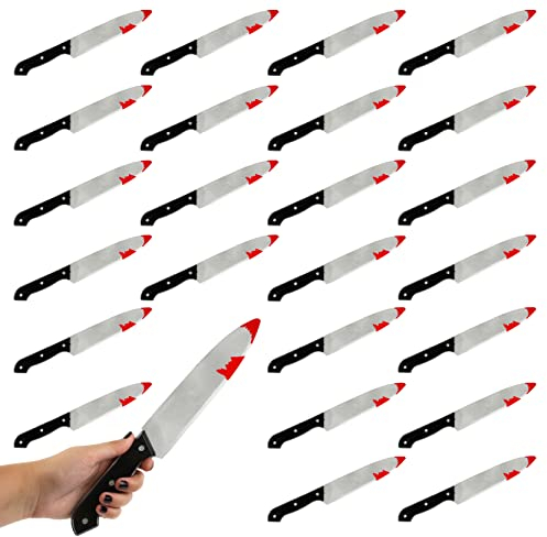 Halloween Knife Prop - Pack of 24-30cm Long Fake Bloody Knife with Black Handle - Halloween Slasher Bloody Knife Fancy Dress Prop Accessory