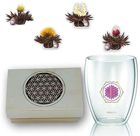ErblühTeelini schwarzer Tee in eine Holzbox + 250ml ThermoGlas Blume des Lebens