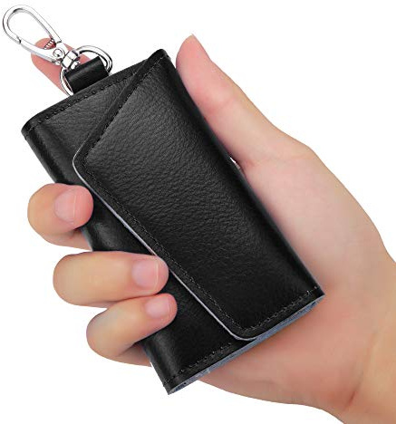 BAKUN Compact Leather Car Key Case, Key Holder Key Organizer Wallet, With 6 Hooks(Black)
