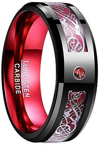 NUNCAD Wolfram Damen Ring schwarz-rot mit rotem Zirkon und Keltischen Drachen Ring Fashion/Freizeit Hochzeit Verlobung Trauung Geburtstag Größe 71 (22.6)