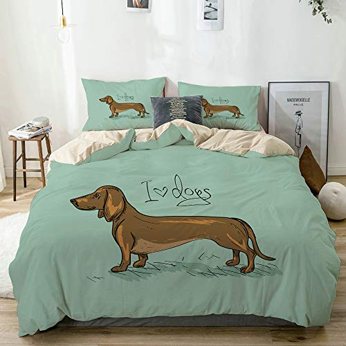 NOLOVVHA Bettwäsche-Set,Beige,Dackel detaillierte Puppy Design Print,1 Bettbezug 135x200 + 2 Kopfkissenbezug 50x80,Single