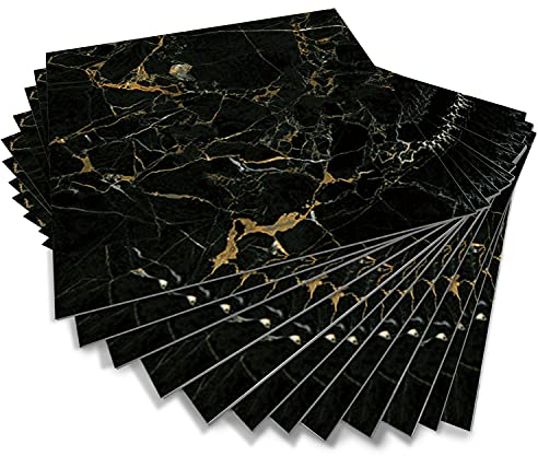 Alwayspon Peel & Stick Floor Tiles, Non-Slip Vinyl Sticky Back Sticker Decals, Black Marble Effect, 15cmX15cmX12Pcs