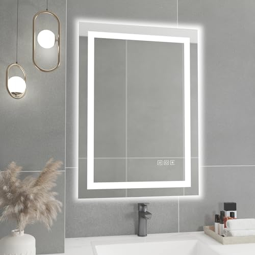 furduzz Badezimmerspiegel, 70x50 cm Badezimmerspiegel mit Beleuchtung, Led Spiegel mit Touch-Schalter, CRI 95 einstellbares warmes/natürliches/weißes Licht und Helligkeit, Antibeschlag