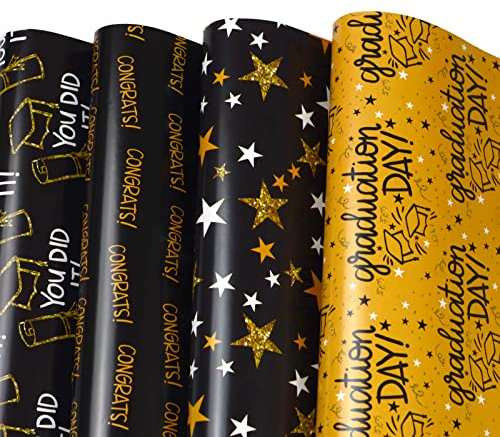 FIEHALA Fogli di carta da regalo piatti, 12 fogli con 4 motivi di laurea, pre-tagliati e piegati, design piatto (50,8 x 69,8 cm per foglio)