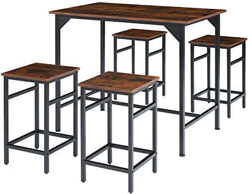TecTake® Mesa Alta de Bar con 4 Taburetes, Mueble de Cocina Estilo Industrial, Diseño Comedor y Mesa Cocina, Muebles de Salon, Taburete - 100 x 124 x 88,5 cm Madera Industrial Oscura, Rústica