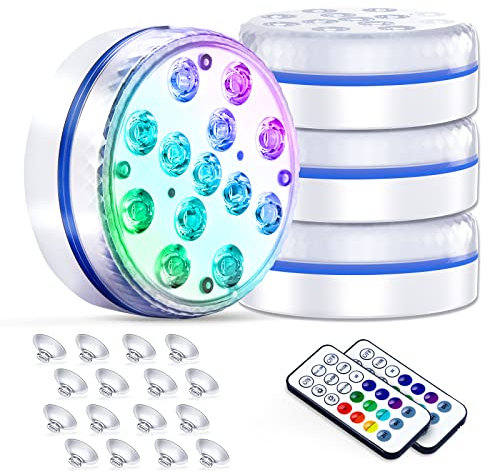 Poolbeleuchtung Unterwasser, ZREE Pool Lichter Unterwasser Magnet, 4 Saugnapf, IP68 Teichbeleuchtung mit 13 LEDs und RF Fernbedienung, 2H/4H/8H Timing-Funktion, 16 Dynamische RGB Farbe (4 Stück)
