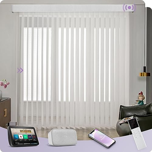 Bespoke Smart Motorized Privacy Sheer Vertical Blinds by Graywind - 70% Dimout & Sheer Spliced Fabric with Striped Texture, Designer for Sliding Door, Alexa Google Compatible, Wave White