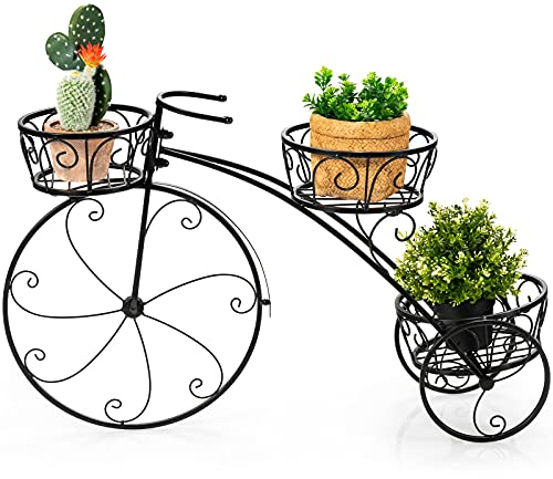 RELAX4LIFE Tricycle Étagère à Plantes en Métal avec 3 Corbeilles de Hauteurs Différentes, Support de Pot de plante Intérieur Extérieur avec 3 Roues pour Jardin Balcon Fleuristes (Noir décoratif)