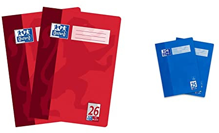 Oxford Schulheft A4, kariert, mit weißem Rand, 16 Blatt, rot, 2 Stück, Format A4 & Schulheft A4, liniert, mit weißem Rand, 16 Blatt, blau, 2 Stück