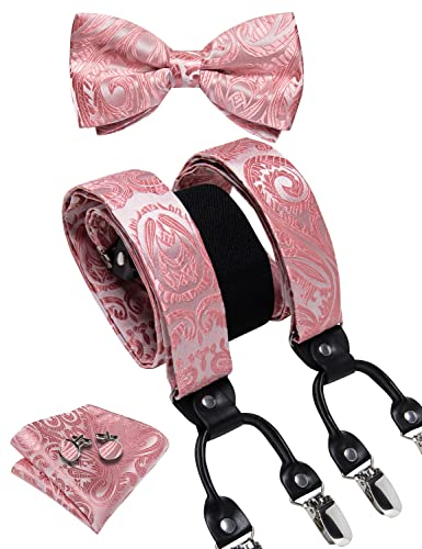 DiBanGu Paisley Fliege und Hosenträger für Herren Heavy Duty Clip Hosenträger Verstellbare Elastische Y-Back Herren Hosenträger, Blush Pink, Einheitsgröße