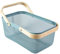 MACOIOR Portable Garden Basket-Mesh Design Natural Bamboo Handle Wire Storage Baskets,Mesh Basket with Handle Organize Items Reduce Space Occupation,Suitable for Kitchen,Garden,Picnic(Blue)