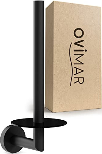 ovimar Ersatzrollenhalter Runde zum Bohren | Schwarz | aus Edelstahl und Glas | WC-Rollen Aufbewahrung zur Wandbefestigung mit Bohren selbstklebend BIS zu 2 Rollen WC Papier | Haushaltsrollenhalter